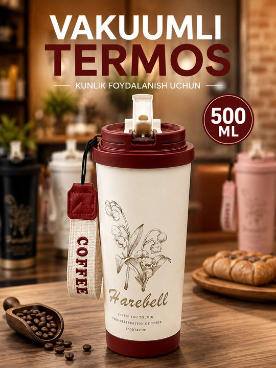Vakuumli termos 500 ml, qopqoqli, osma tasmali, issiq va sovuq ichimliklar uchun