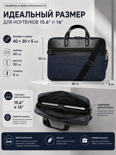 Сумка для ноутбука 15.6" 16" 17" универсальная, экокожа,для работы, учебы и для документов