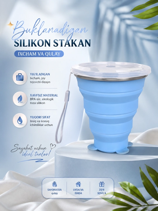 Yigʻiluvchan , ixcham silikon stakan. sayohatlar va yo'l uchun qulay