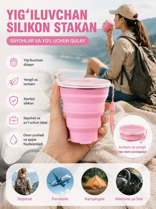Yigʻiluvchan , ixcham silikon stakan. sayohatlar va yo'l uchun qulay