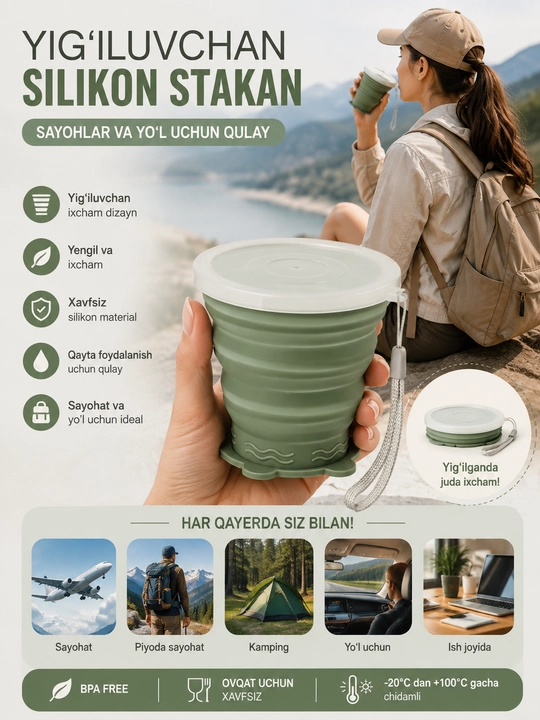Yigʻiluvchan , ixcham silikon stakan. sayohatlar va yo'l uchun qulay