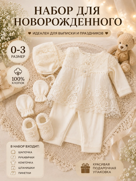 Комплект для новорожденного: халатик, ползунок и чепчик из 100% хлопка - 