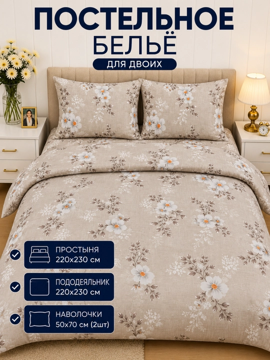 1 va 2 kishilik yostiq jild (50×70 sm), ko'rpa jild, choyshab (220×230 sm) yotoq to'plami