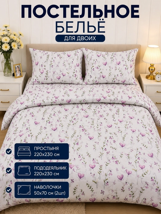 1 va 2 kishilik yostiq jild (50×70 sm), ko'rpa jild, choyshab (220×230 sm) yotoq to'plami
