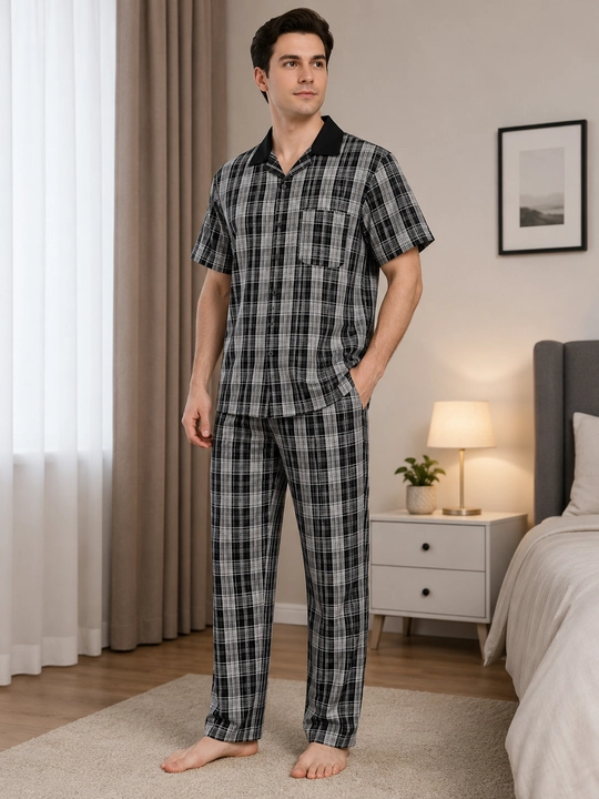 Erkaklar uchun katakli pijama, qisqa yengli ko'ylak  shim, qulay yumshoq uy kiyimi sifatli - 