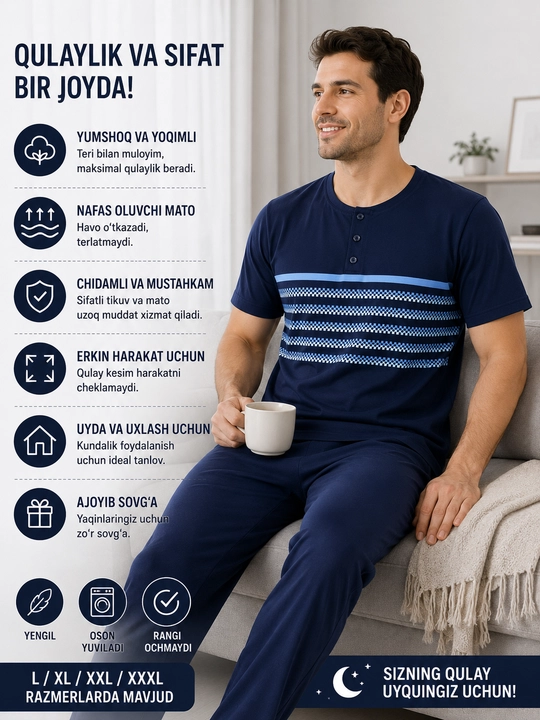Мужская пижама комплект для сна и дома, удобная домашняя одежда, L-XXXL, тёмно-синяя