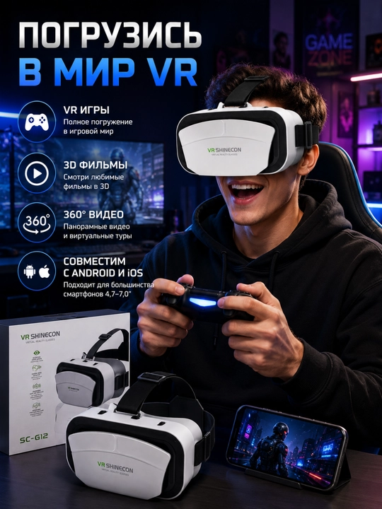 VR SHINECON SC-G12 — VR-очки, виртуальная реальность, 3D, VR-игры, видео 360°, Android/iOS