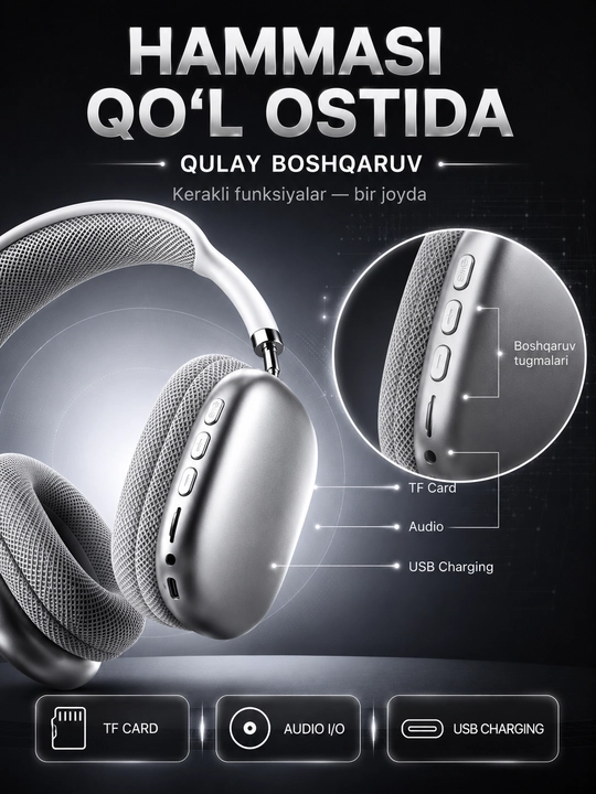 Беспроводные наушники P9 Plus Max Bluetooth 50 мм Hi-Fi, FM и TF Card