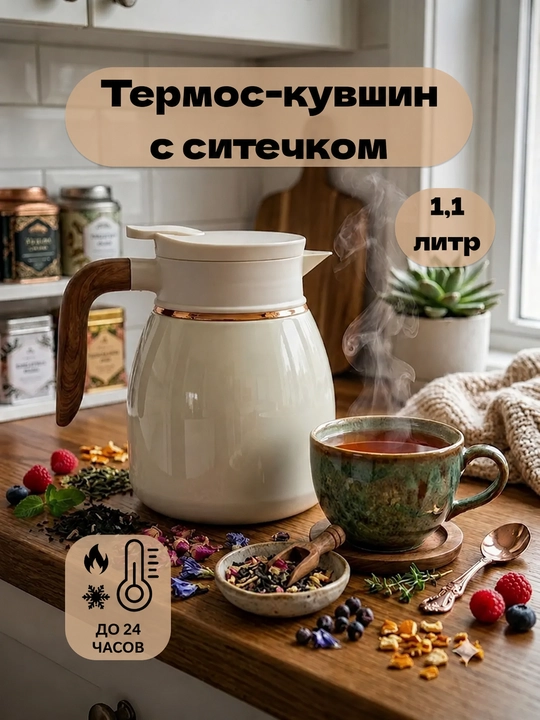 Termos-choynak, zanglamaydigan po‘lat, 1,1 litr, harorat datchigi bilan, germetik qopqoq - 