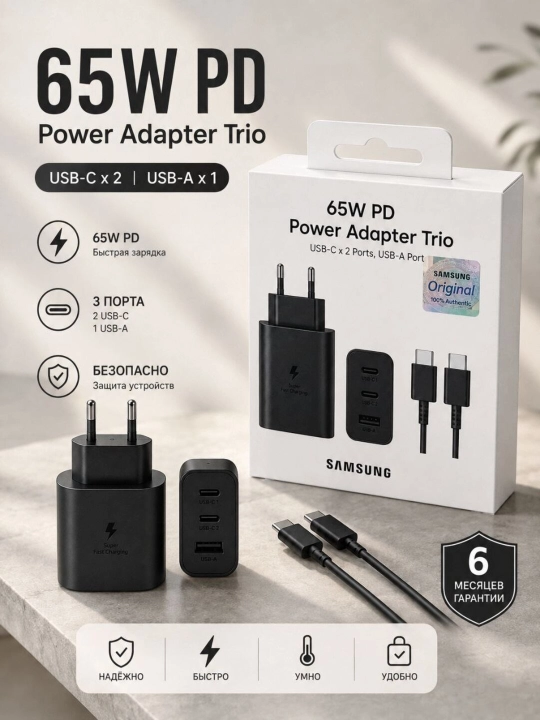 Зарядное устройство Samsung USB-C 25W/45W/50W/65W, быстрая зарядка, гарантия 6 месяцев