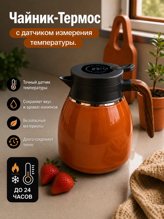 Термос-чайник, нержавеющая сталь, 1,1 л, с датчиком температуры, герметичная крышка