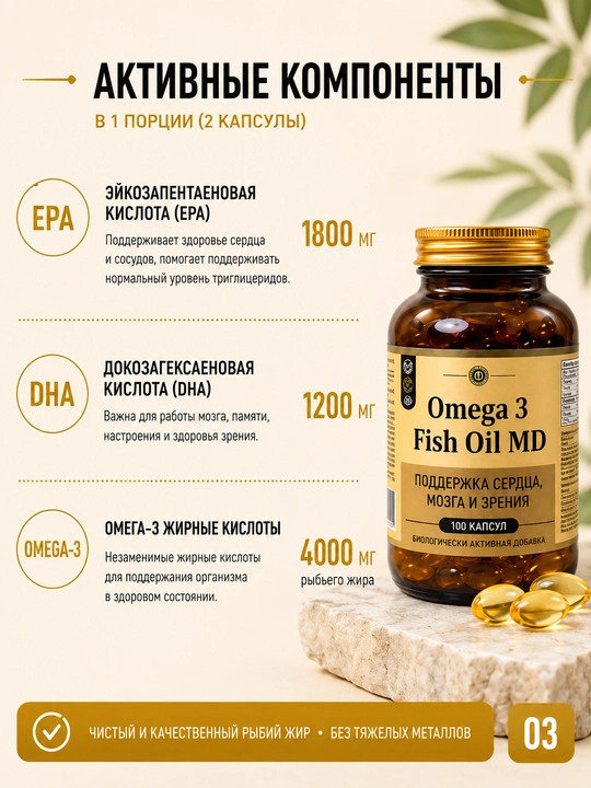 Omega 3 Рыбий жир 1000 mg для улучшения зрения, памяти и внимания, 100 капсул
