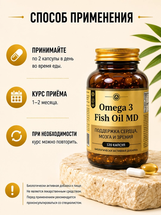 Omega 3 Рыбий жир 1000 mg для улучшения зрения, памяти и внимания, 100 капсул