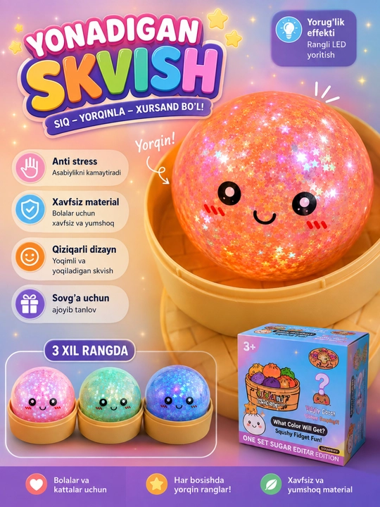 Yulduzchali squishy shar antistress o‘yinchoq 4 xil rangda - 