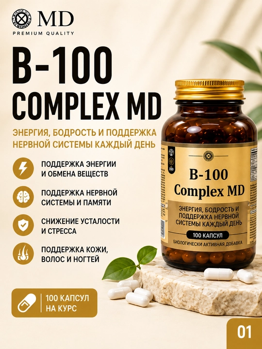 B guruhi vitaminlari B-100 Complex MD biologik faol qo‘shimchasi 100 kapsula