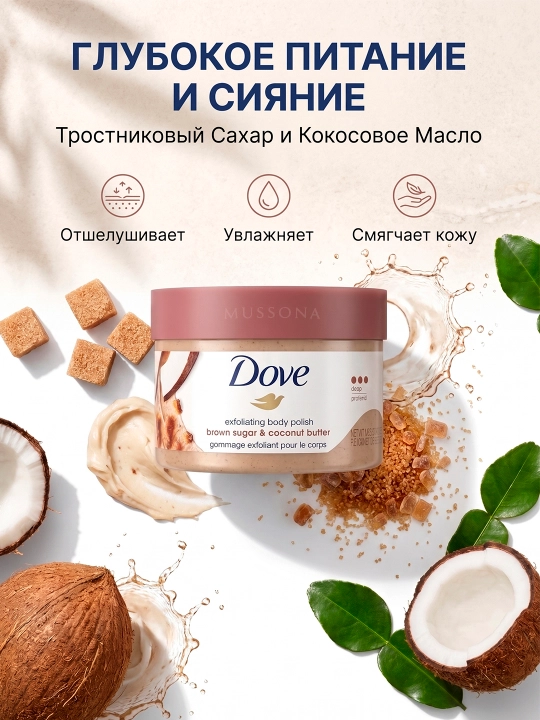 Скраб для тела Dove отшелушивающий: гранат, кокос, киви, пилинг против растяжек, 298 г