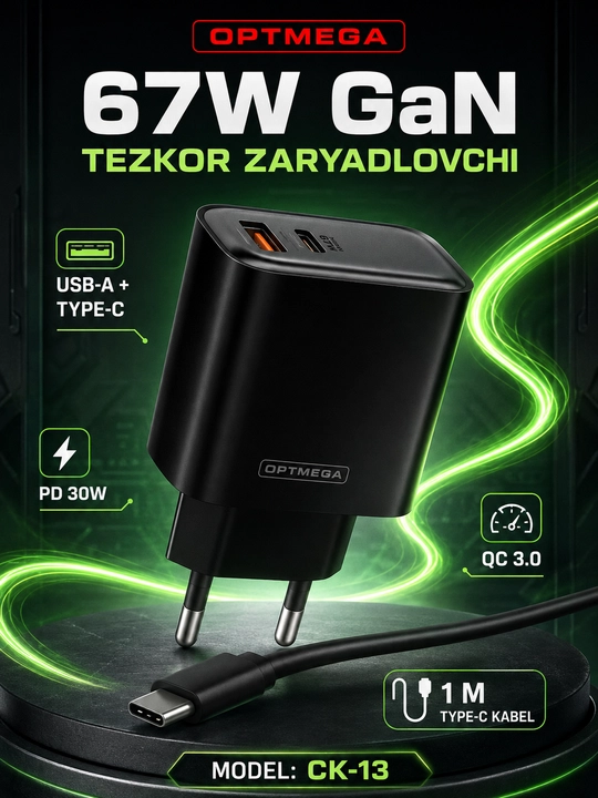 Adapteri, zaryadlovchi qurilma 45WT/Vatt pd tez zaryadlovchi Type-C 5A kabel bilan - 