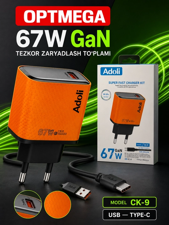 Adapteri, zaryadlovchi qurilma 45WT/Vatt pd tez zaryadlovchi Type-C 5A kabel bilan - 
