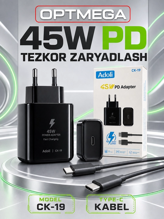 Адаптер, зарядное устройство 45WT/Ватт PD быстрозаряжающий с кабелем Type-C 5A
