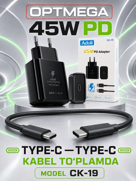 Адаптер, зарядное устройство 45WT/Ватт PD быстрозаряжающий с кабелем Type-C 5A