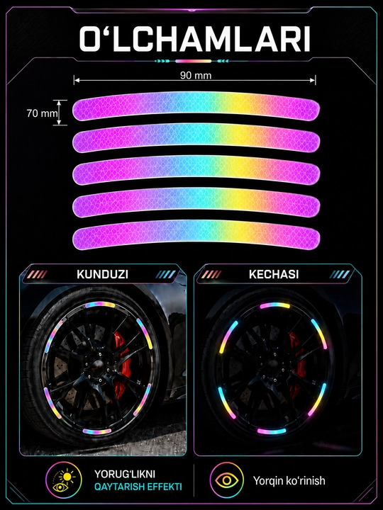 Velosiped avtomobil va mototsikl g‘ildiraklari uchun nur qaytaruvchi stikerlar 20 dona
