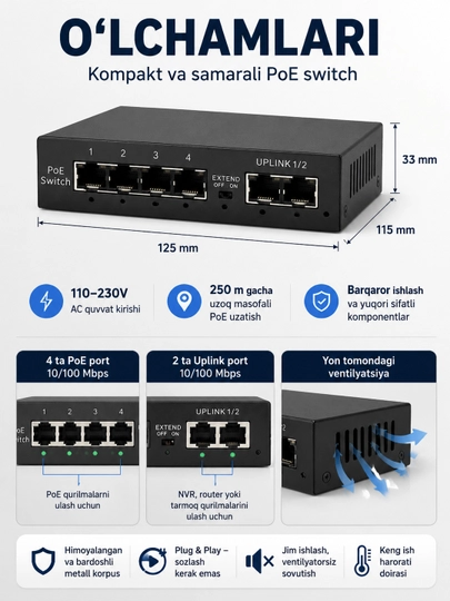 Gigabit PoE kommutator, IP kameralar uchun 4/8 ta PoE portli tarmoq switch