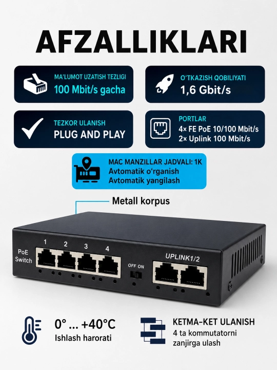 Gigabit PoE kommutator, IP kameralar uchun 4/8 ta PoE portli tarmoq switch
