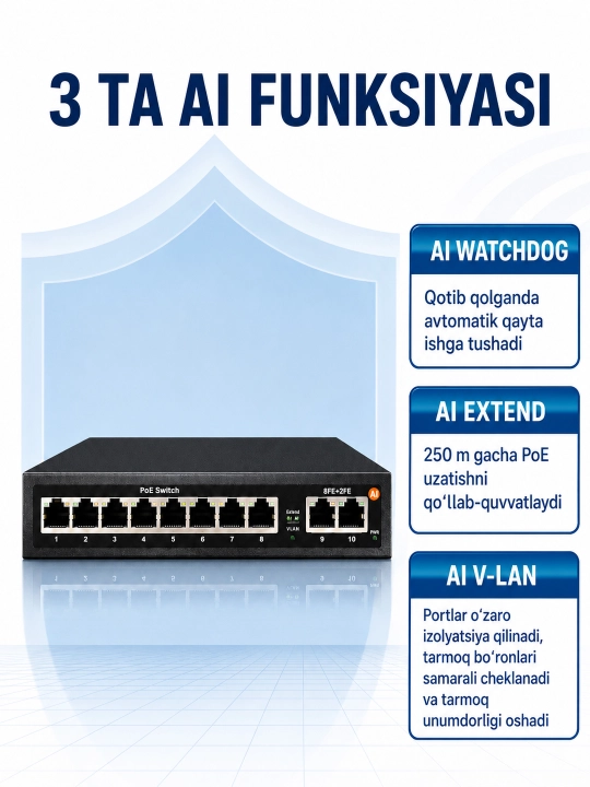 Gigabit PoE kommutator, IP kameralar uchun 4/8 ta PoE portli tarmoq switch