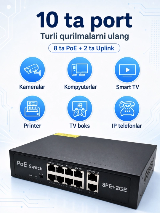 Gigabit PoE kommutator, IP kameralar uchun 4/8 ta PoE portli tarmoq switch
