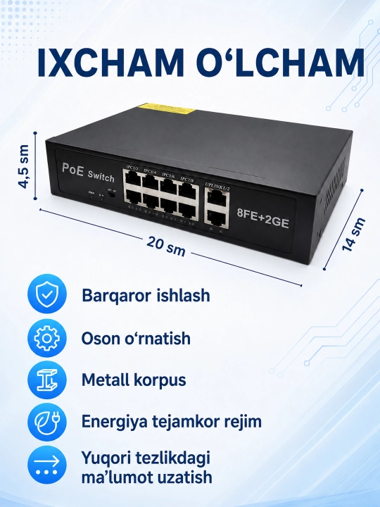 Gigabit PoE kommutator, IP kameralar uchun 4/8 ta PoE portli tarmoq switch