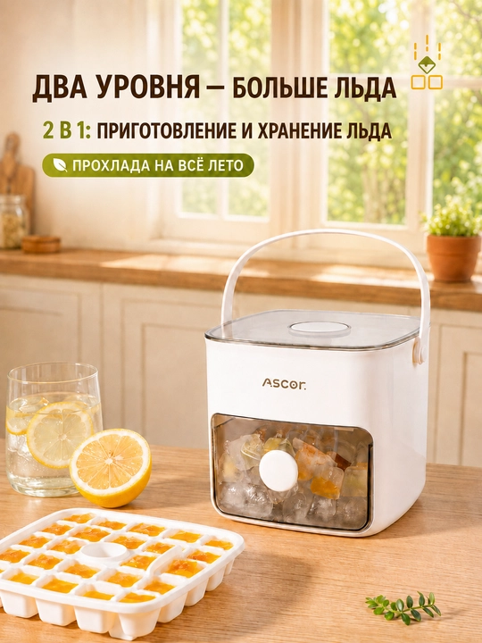 Контейнер для приготовления и хранения льда, 2 в 1, с крышкой и ручкой