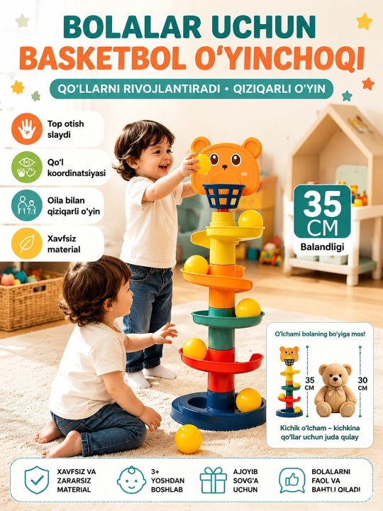 5 qavatli sharli aylanma o'yinchoq, bolalar uchun rivojlantiruvchi savat otish trassasi - 