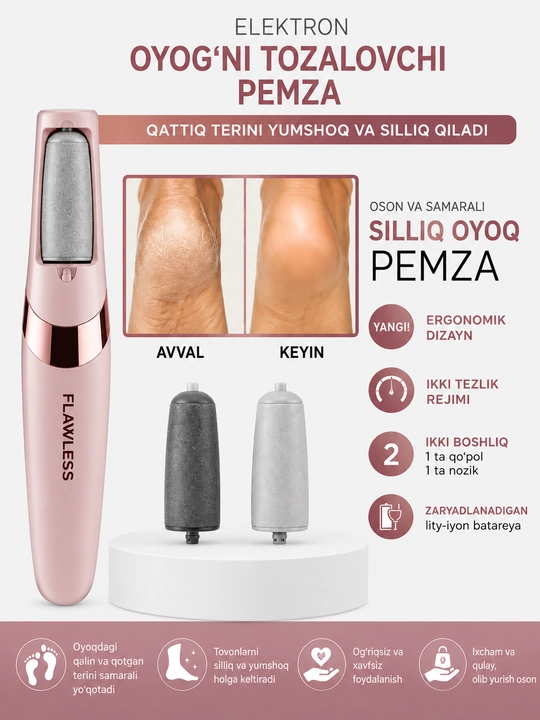 Elektr pemza - Pilka Flawless Pedi, oyoq qadoqlari va tovon tozalagich