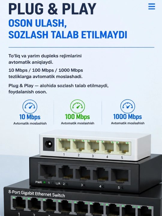 RJ45 Ethernet Switch 5/8 portli tarmoq kommutatori 100/1000M LAN IP kamera uy uchun