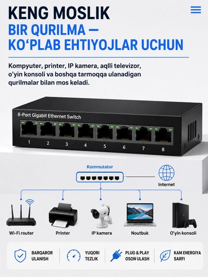 RJ45 Ethernet Switch 5/8 portli tarmoq kommutatori 100/1000M LAN IP kamera uy uchun
