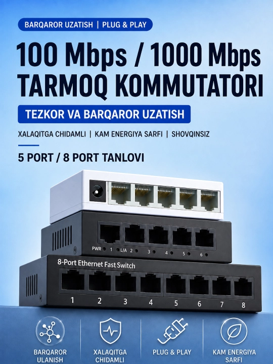 RJ45 Ethernet Switch 5/8 portli tarmoq kommutatori 100/1000M LAN IP kamera uy uchun