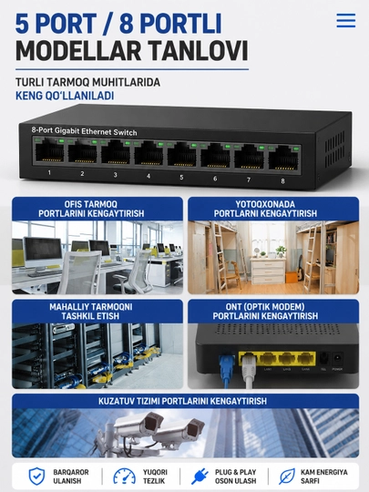 RJ45 Ethernet Switch 5/8 portli tarmoq kommutatori 100/1000M LAN IP kamera uy uchun