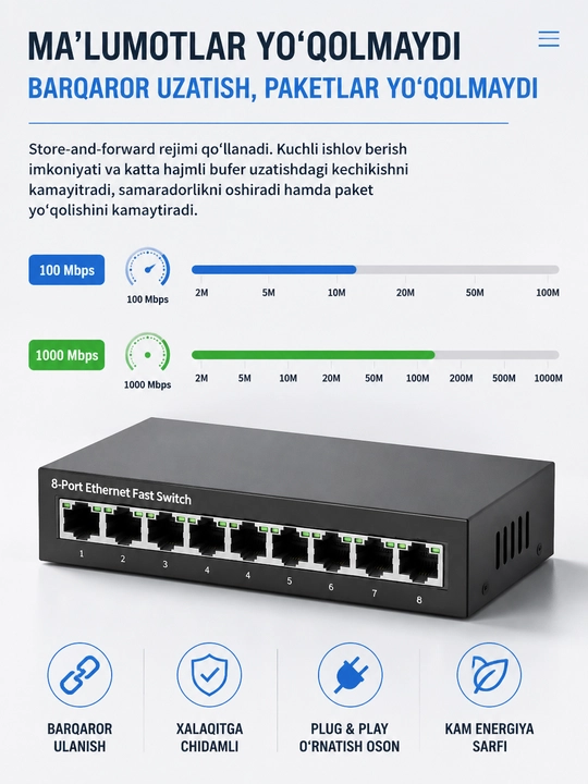 RJ45 Ethernet Switch 5/8 portli tarmoq kommutatori 100/1000M LAN IP kamera uy uchun