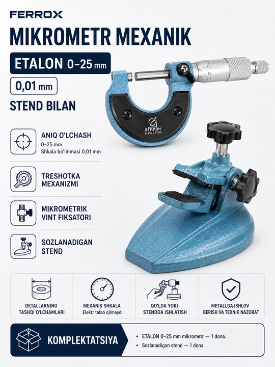 ETALON 0–25 mm mexanik  mikrometr, 0,01 mm, stend bilan