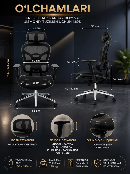Ofis kreslosi ergonomik, bosh va bel tayanchli, qora setkali