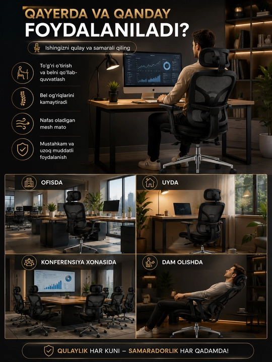 Ofis kreslosi ergonomik, bosh va bel tayanchli, qora setkali