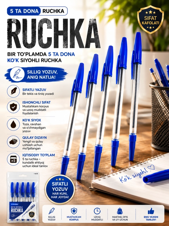 Синяя ручка, шариковая ручка, набор из 5 ручек, ручка для школы, ручка для офиса - 