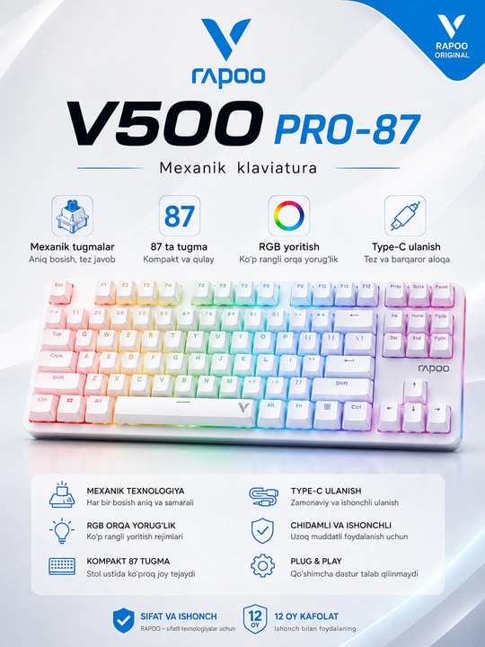 Rapoo V500PRO-87 USB klaviaturasi, Whit
