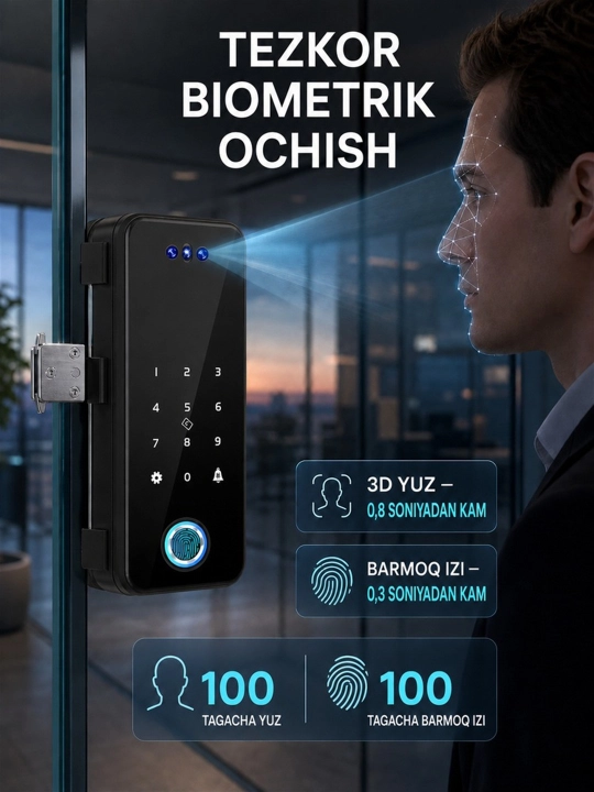 Электронный замок для стеклянных дверей: 3D-лицо, отпечаток, код, IC-карта