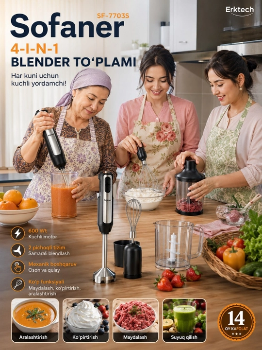 Ручной блендер Sofaner 600Вт с измельчителем и венчиком - Кухонная техника