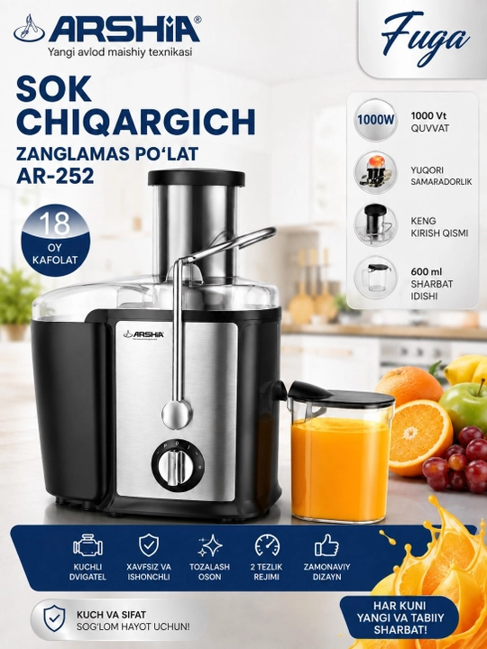 Sokovijimalka 1000W, zanglamaydigan po'lat, meva va sabzavotlar uchun, 600 ml - 