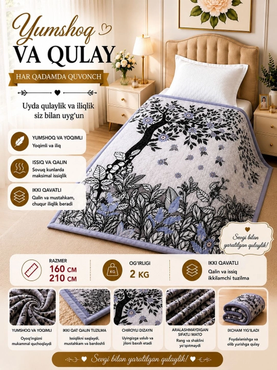 Bir kishilik, ikki qavatli qalin adyol, razmer 160 smga 210 sm - 