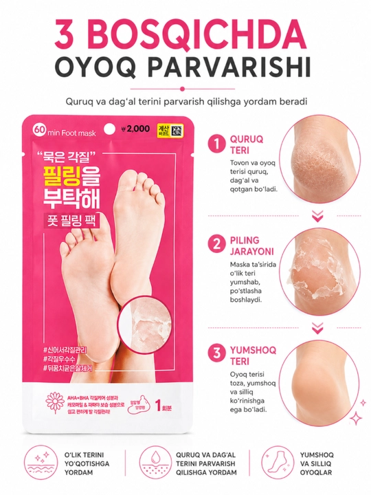 Oyoq piling maskasi 60 daqiqa AHA BHA tovon qotgan teri uchun - 