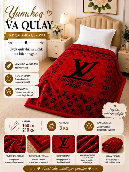 Bir kishilik, ikki qavatli qalin adyol, razmer 160 smga 210 sm - 