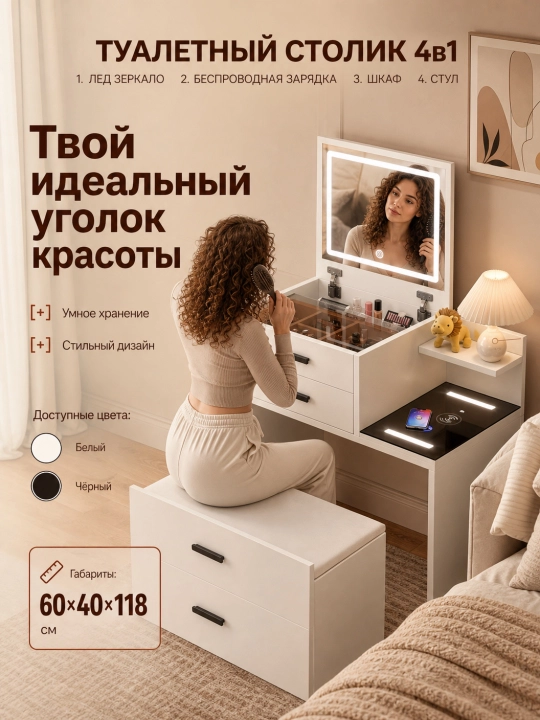 Умная тумба, USB-порт для зарядки телефона, зеркальная, для комнаты с выдвижными ящиками - 